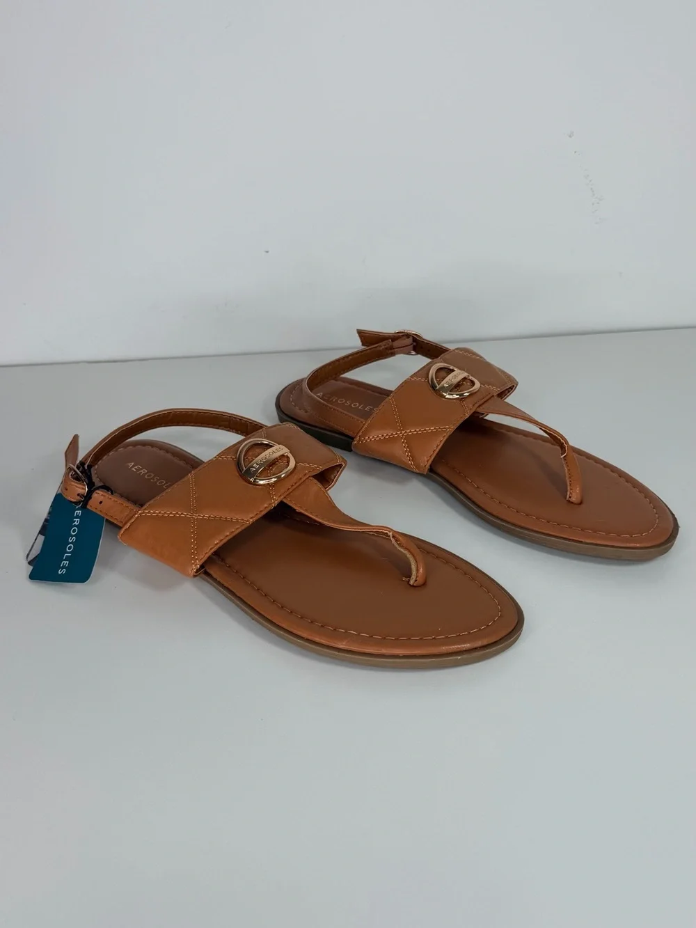 AEROSOLES Cognac/Tan Leather Thong Sandals with Gold Buckle
